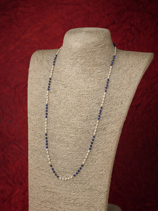 A long beaded necklace with alternating dark navy blue and cream beads, displayed on a beige fabric-covered jewelry bust against a textured dark red background.