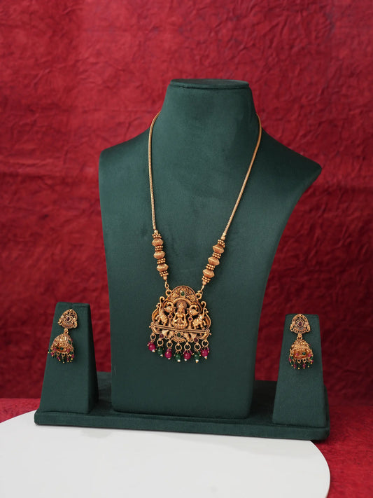 Antique Gold-Tone Gaja Lakshmi Pendant Necklace Set with Jhumka Earrings ALC06