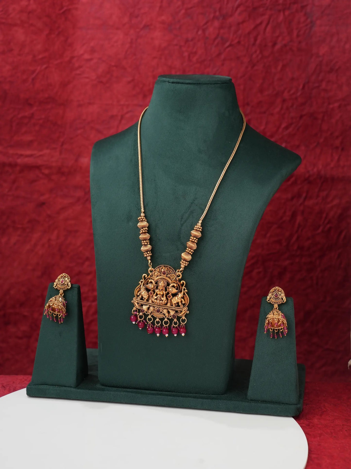 Antique Gold-Tone Gaja Lakshmi Pendant Necklace Set with Jhumka Earrings ALC06