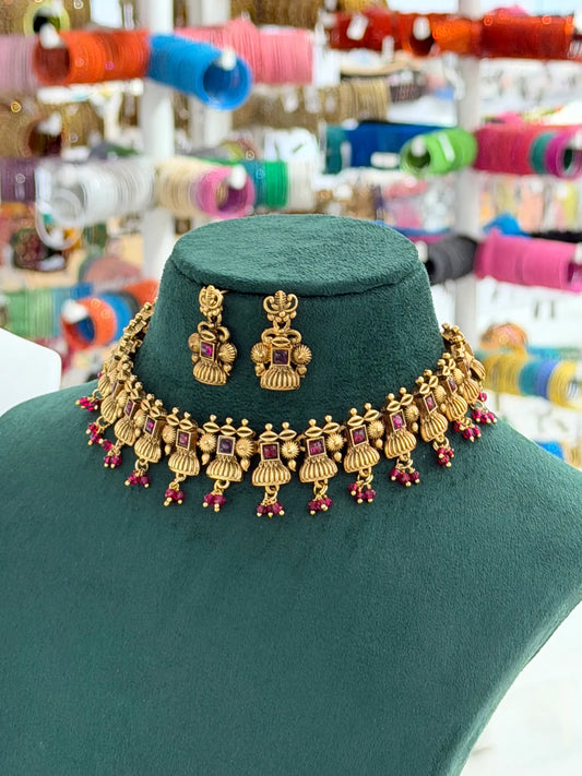 Antique Gold-Tone Bell Motif Choker Necklace Set AN13