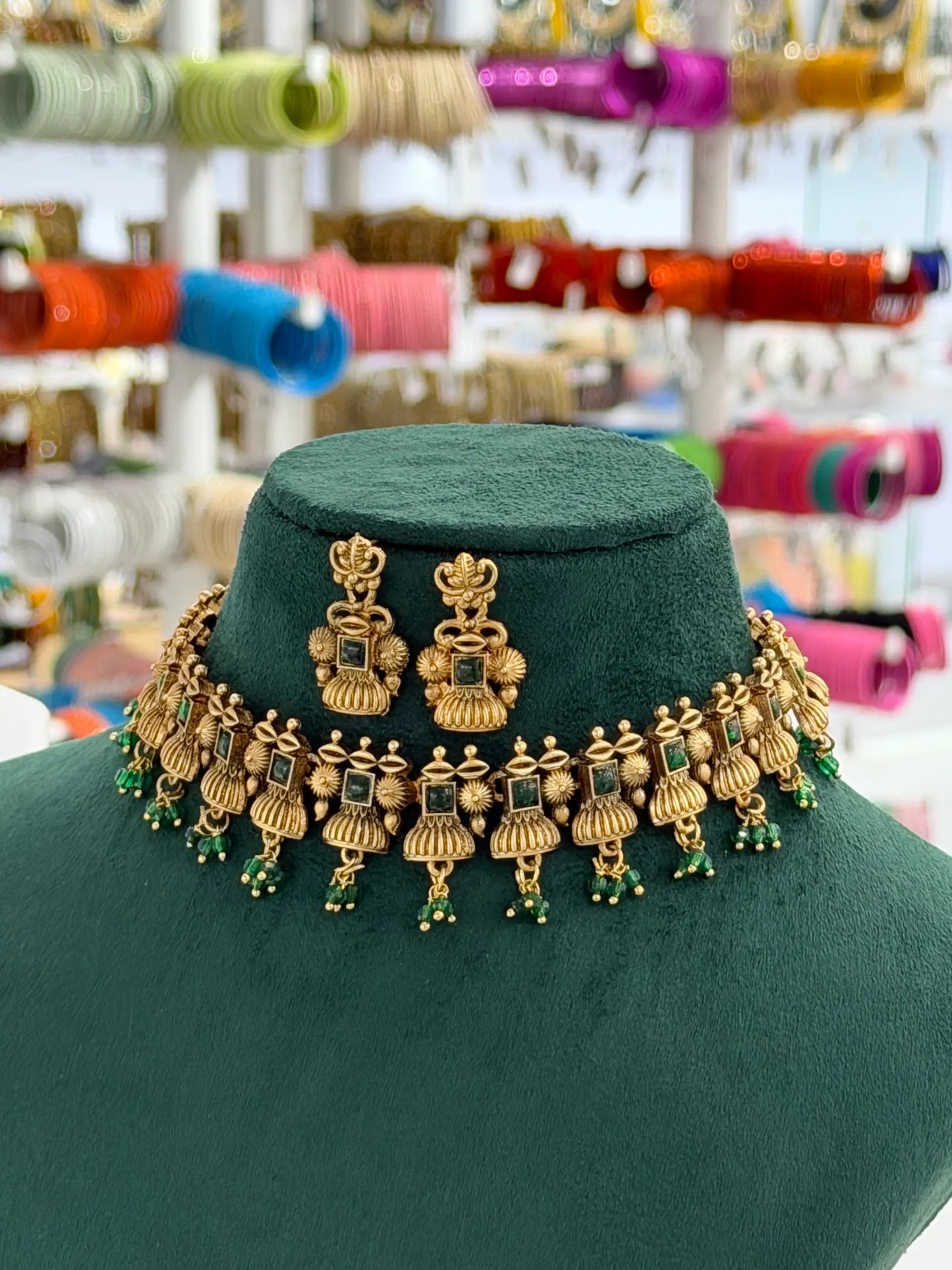 Antique Gold-Tone Bell Motif Choker Necklace Set AN13