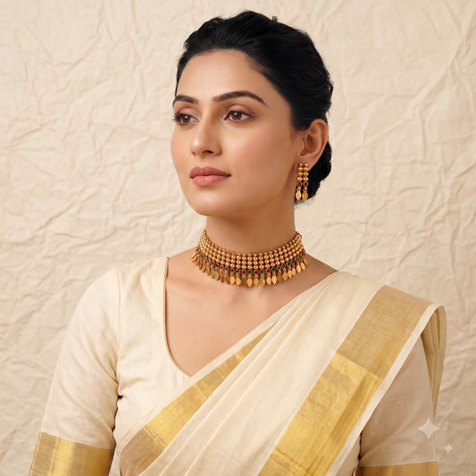 A woman wearing a cream and gold saree with a matching gold choker necklace and earrings, posed against a textured beige backdrop.
