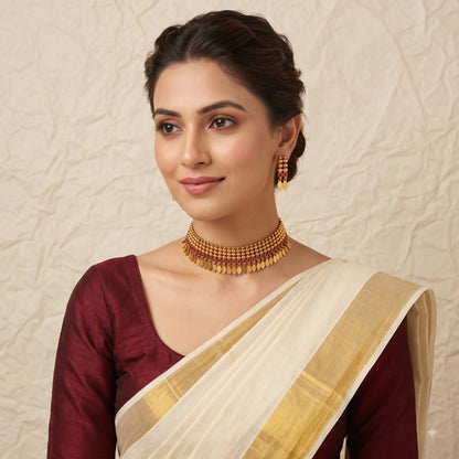 A woman wearing a traditional Indian outfit with a cream and gold saree and a deep maroon blouse, styled with a gold choker necklace and matching earrings, set against a textured beige background.