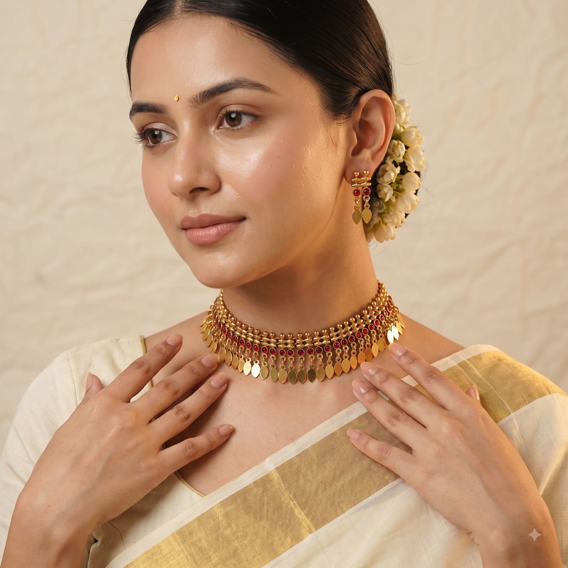 A woman wearing a traditional Indian gold-toned choker necklace with dangling disc elements and matching earrings, styled with a cream-colored saree against a textured beige background.