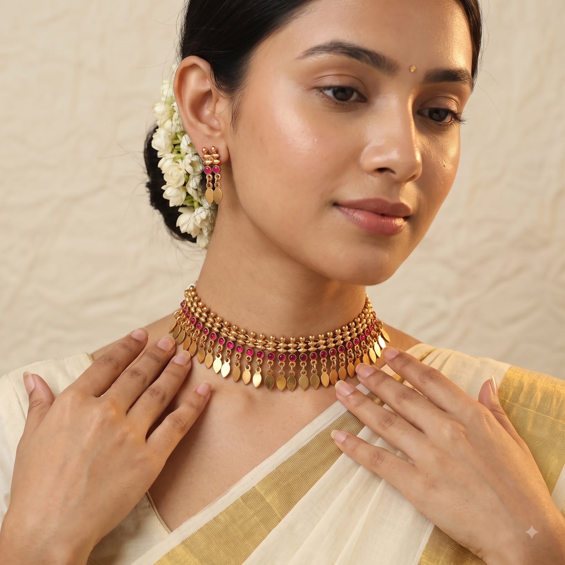 A woman wearing a gold-toned traditional choker necklace with small red stone accents and matching dangling earrings, styled with a cream and gold sari against a soft beige textured background.