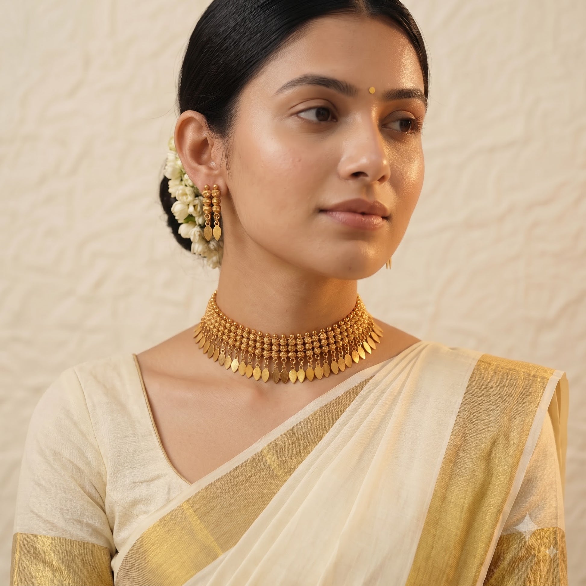 A woman wearing a traditional Indian outfit in cream and gold, featuring a gold coin choker necklace, matching gold earrings, and a white floral hair ornament, set against a textured beige wall.