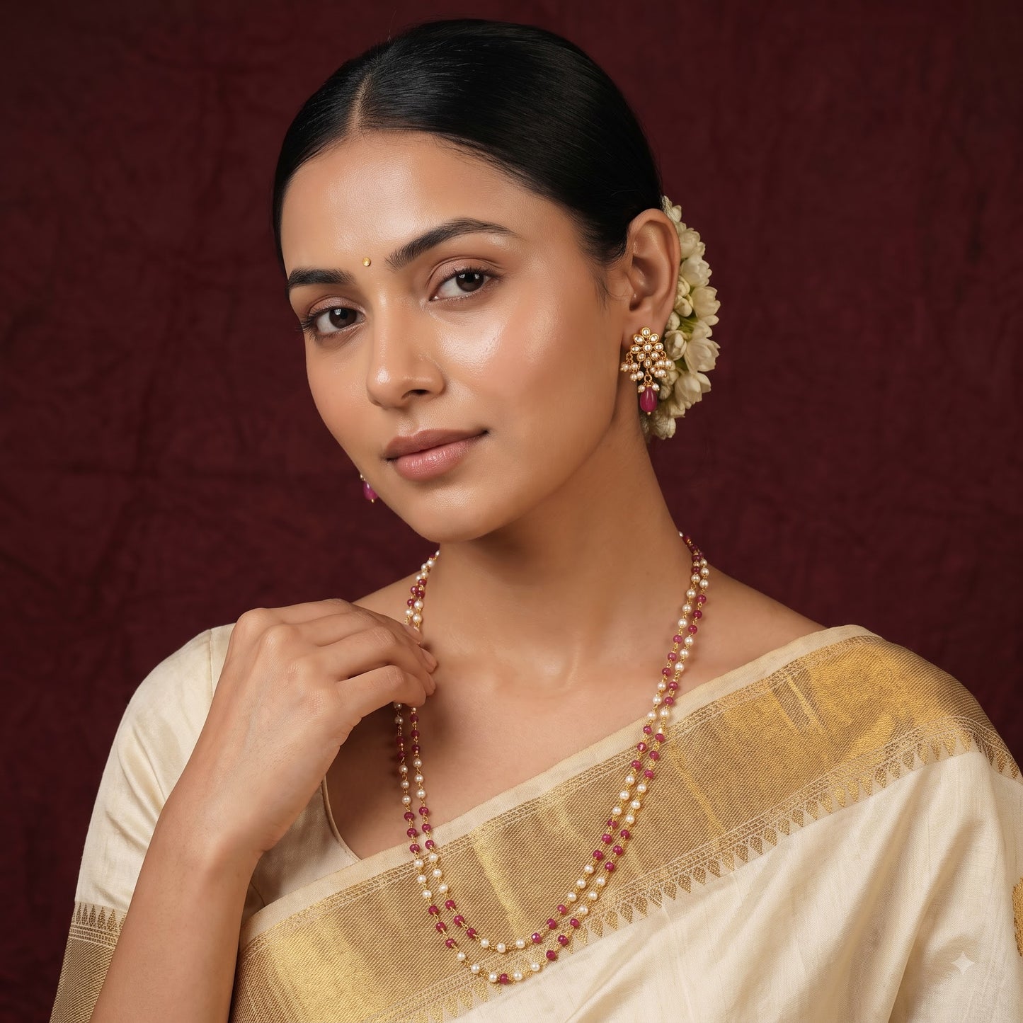 A woman wearing a cream and gold saree with a beaded necklace and matching earrings, posed against a dark maroon textured backdrop.