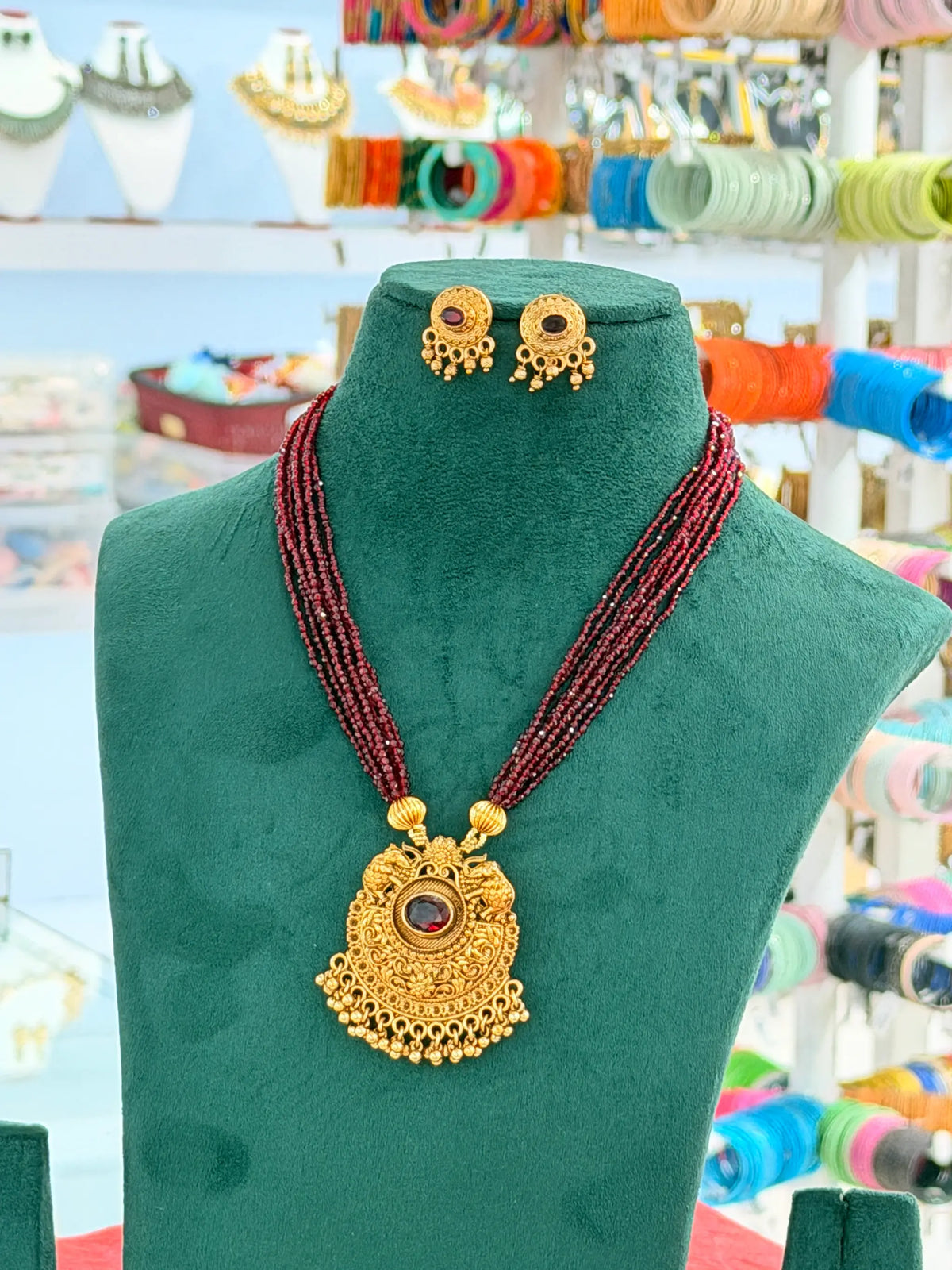 Gold-Tone Pendant Multi-Strand Beaded Long Necklace Set LC29