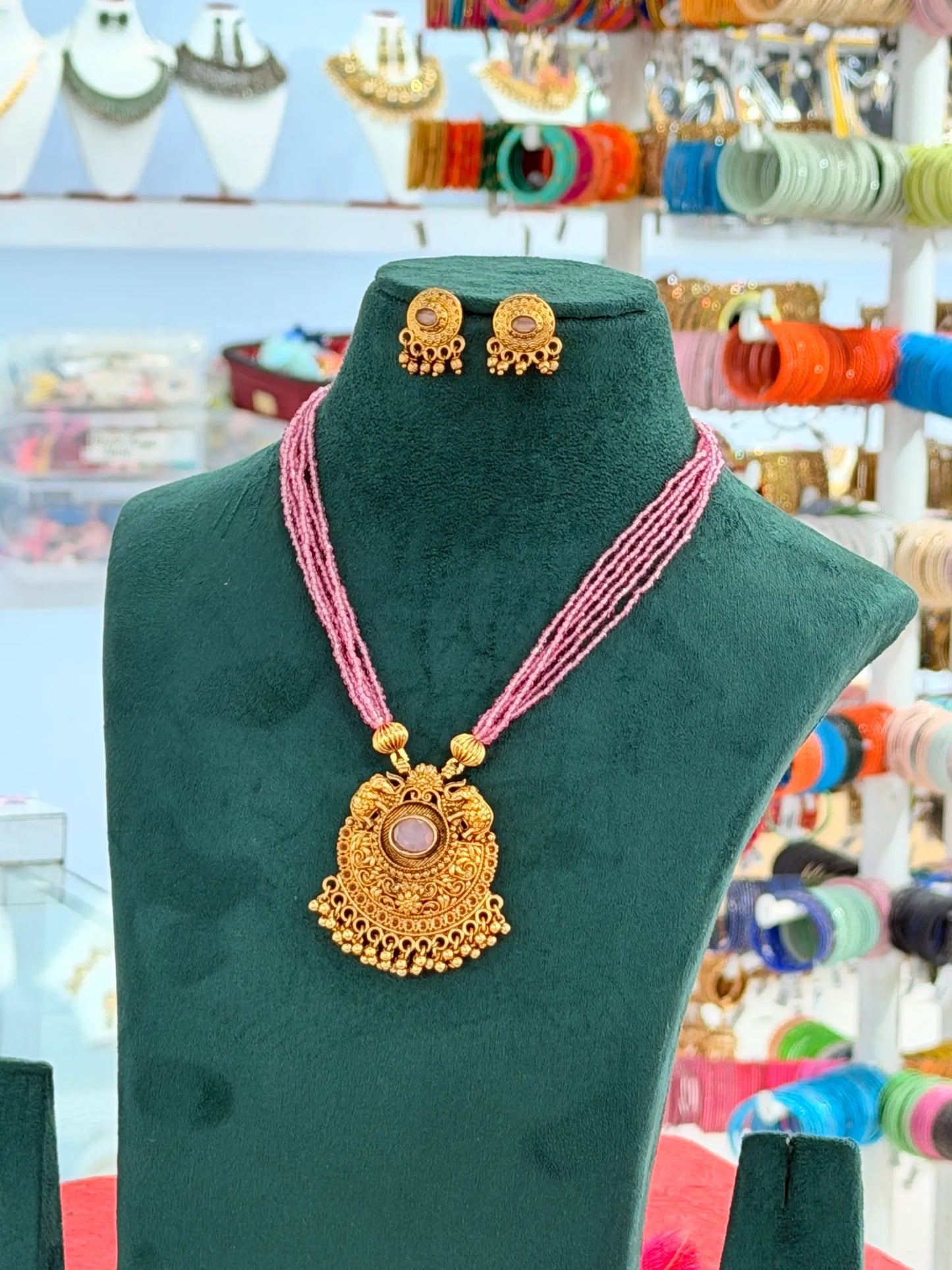 Gold-Tone Pendant Multi-Strand Beaded Long Necklace Set LC29