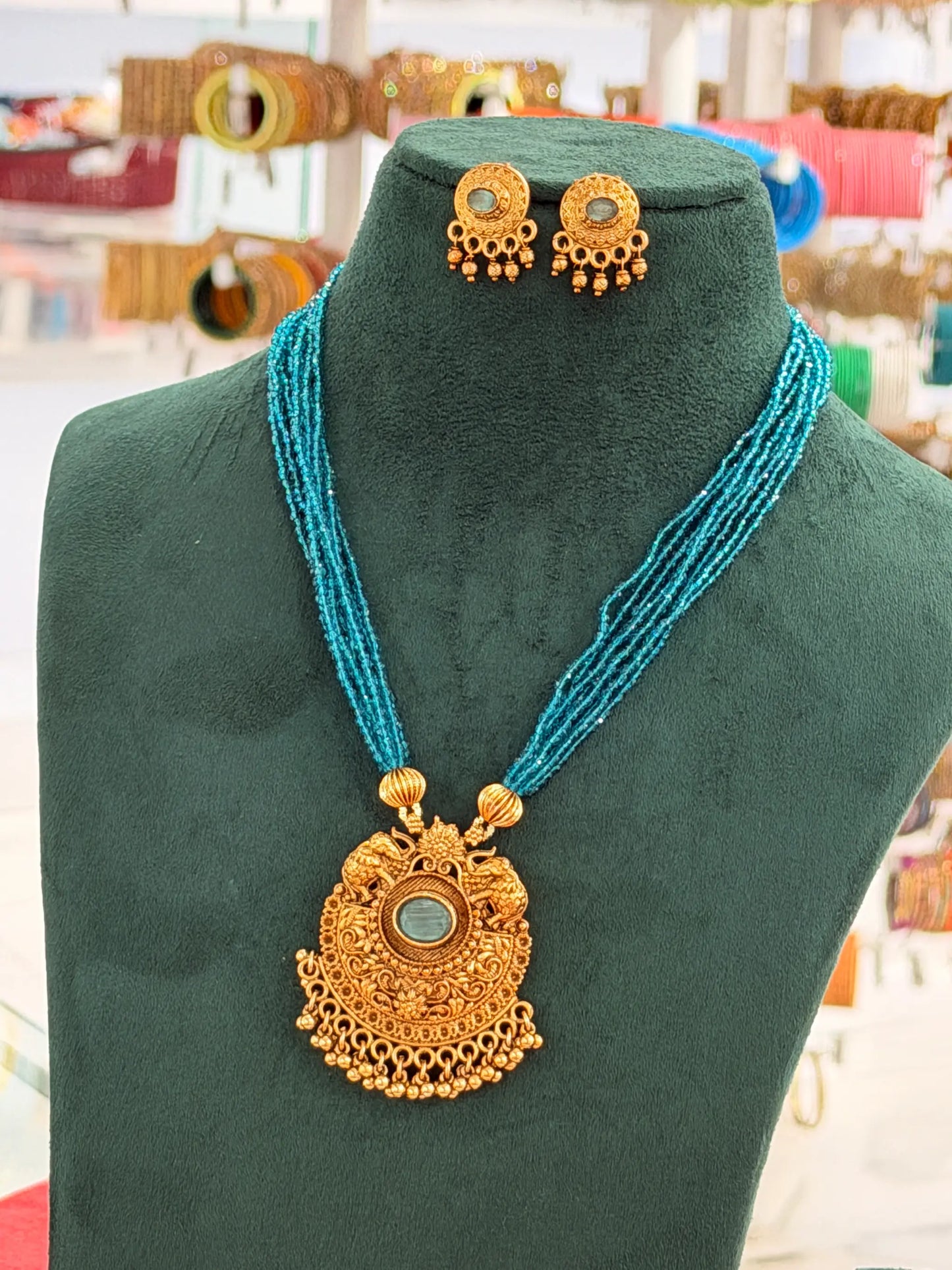 Gold-Tone Pendant Multi-Strand Beaded Long Necklace Set LC29