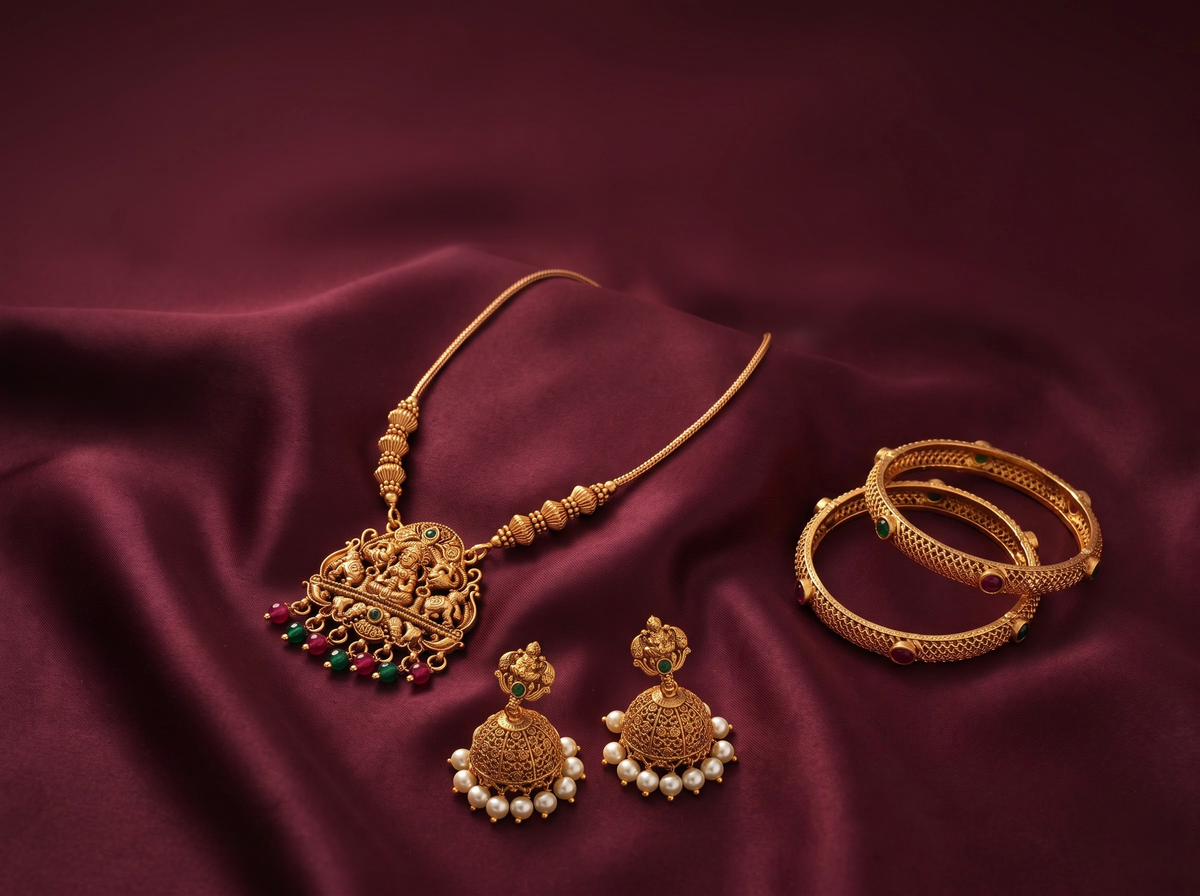 Gold-toned traditional Indian jewelry set including a necklace with a detailed pendant, matching jhumka earrings, and three bangles, arranged on draped burgundy satin fabric.
