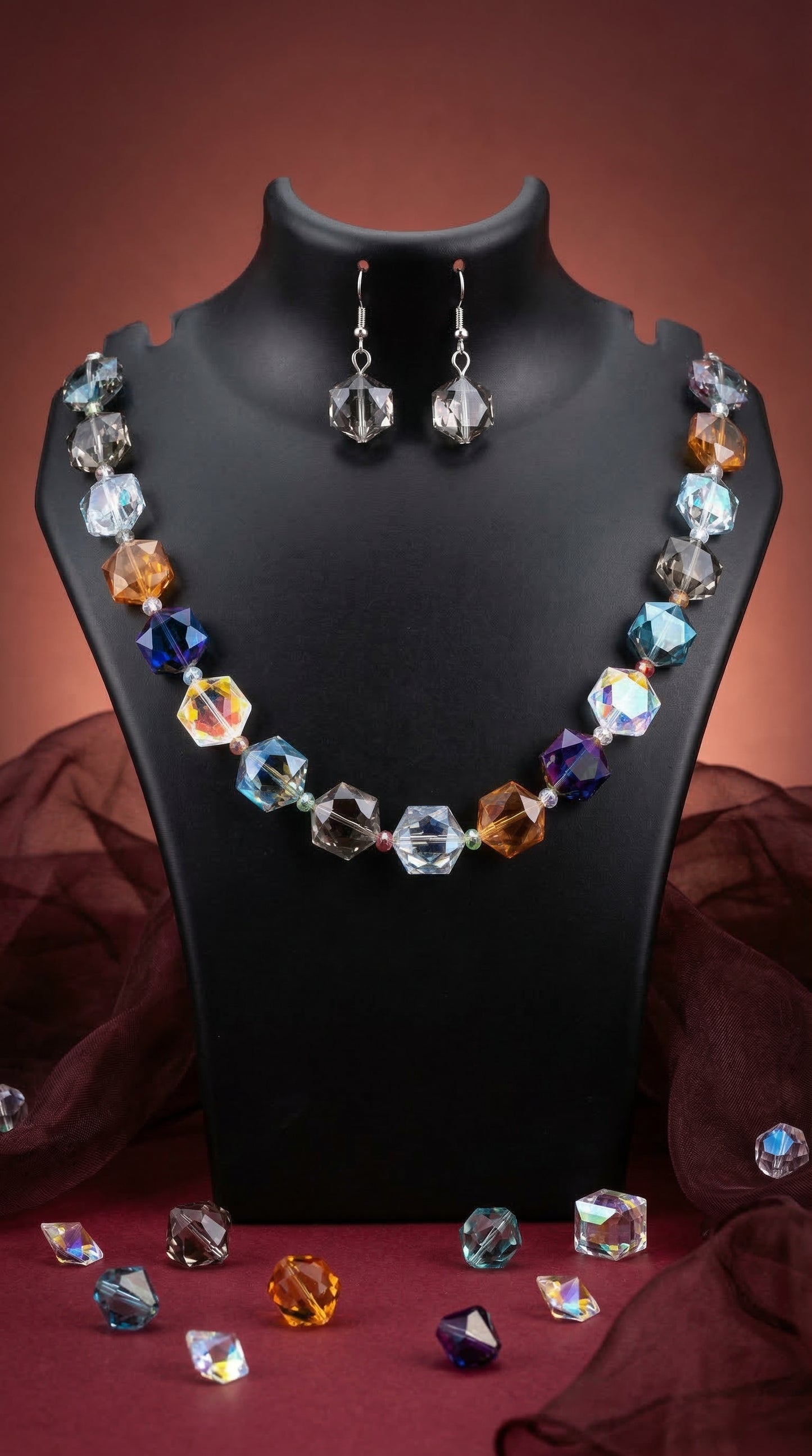 Multi Colored Beaded Necklace & Earring Set