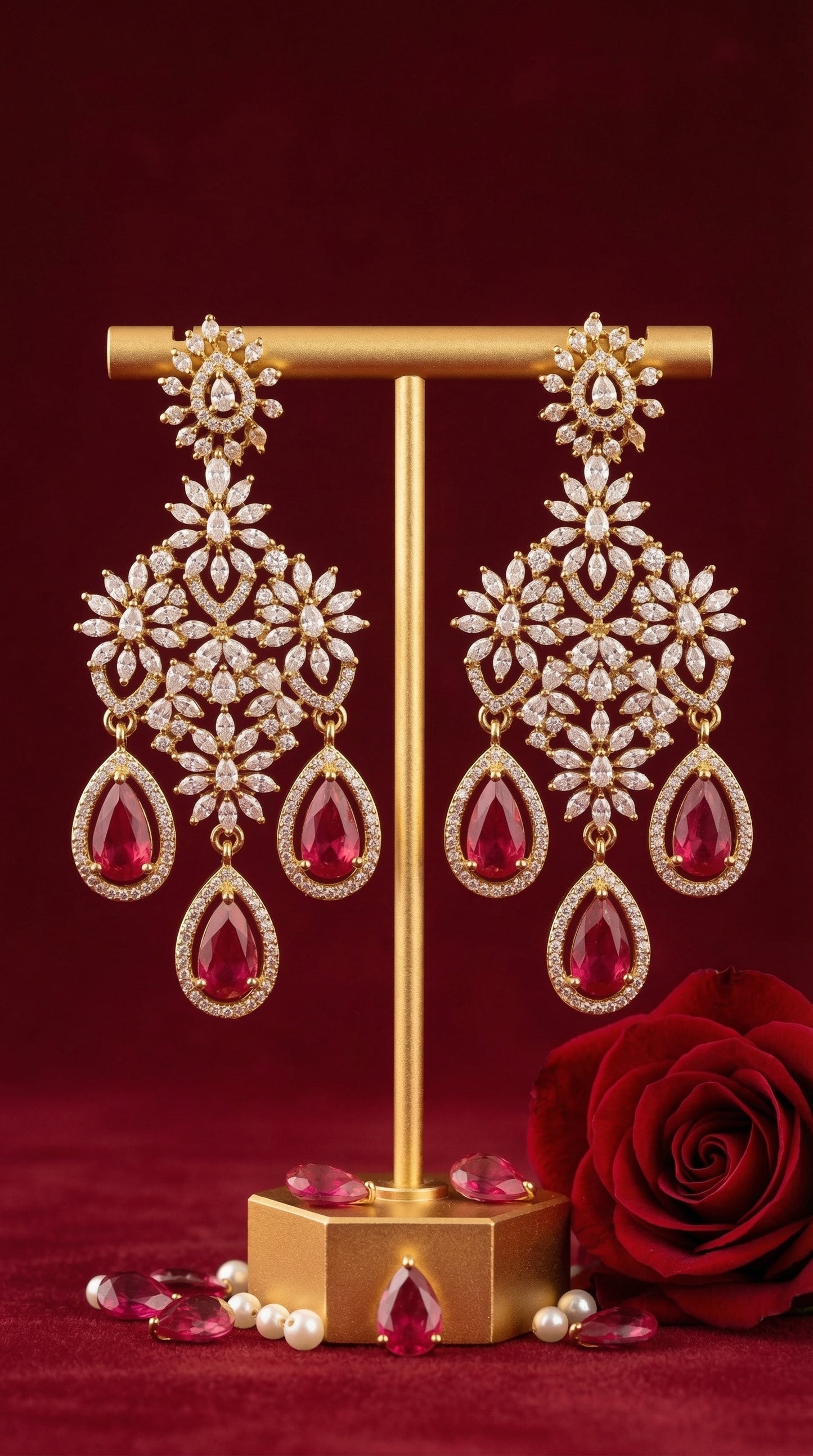 Ornate earrings with red gemstones on a gold stand against a red background
