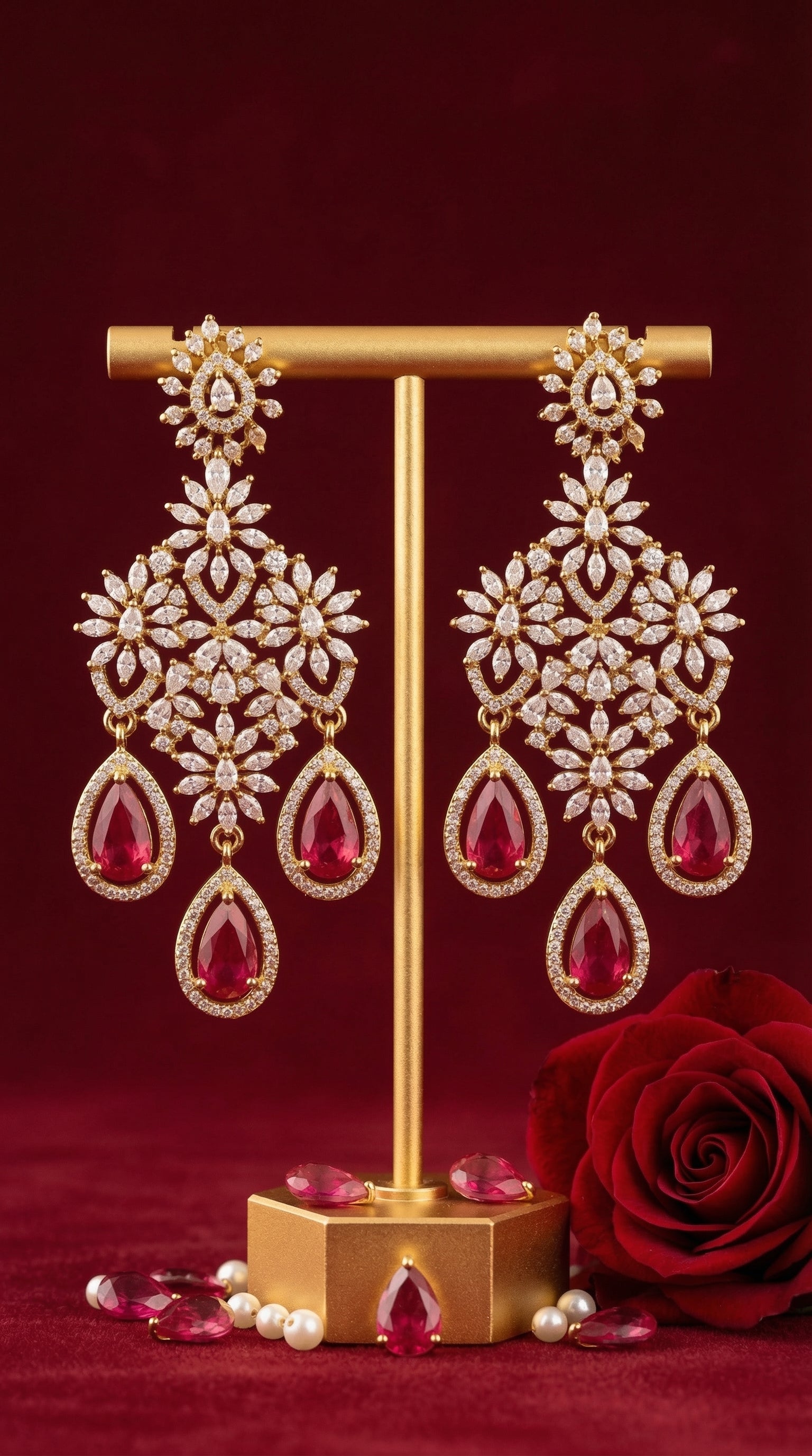 Ornate earrings with red gemstones on a gold stand against a red background