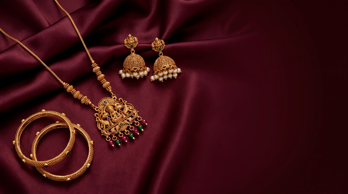 Gold-toned traditional Indian jewelry set including a necklace with a detailed pendant, a pair of jhumka earrings, and two bangles, arranged on draped deep burgundy satin fabric.